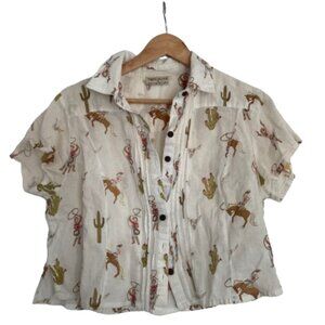 Vintage 100% Cotton Western Print Cropped Button up Blouse